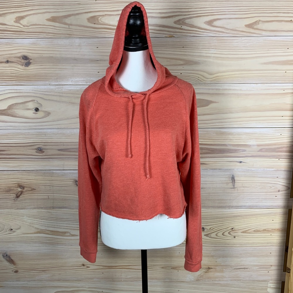Groceries Apparel Hoodie Womens S Coral Crop Raw Hem Organic Recycled Sweatshirt